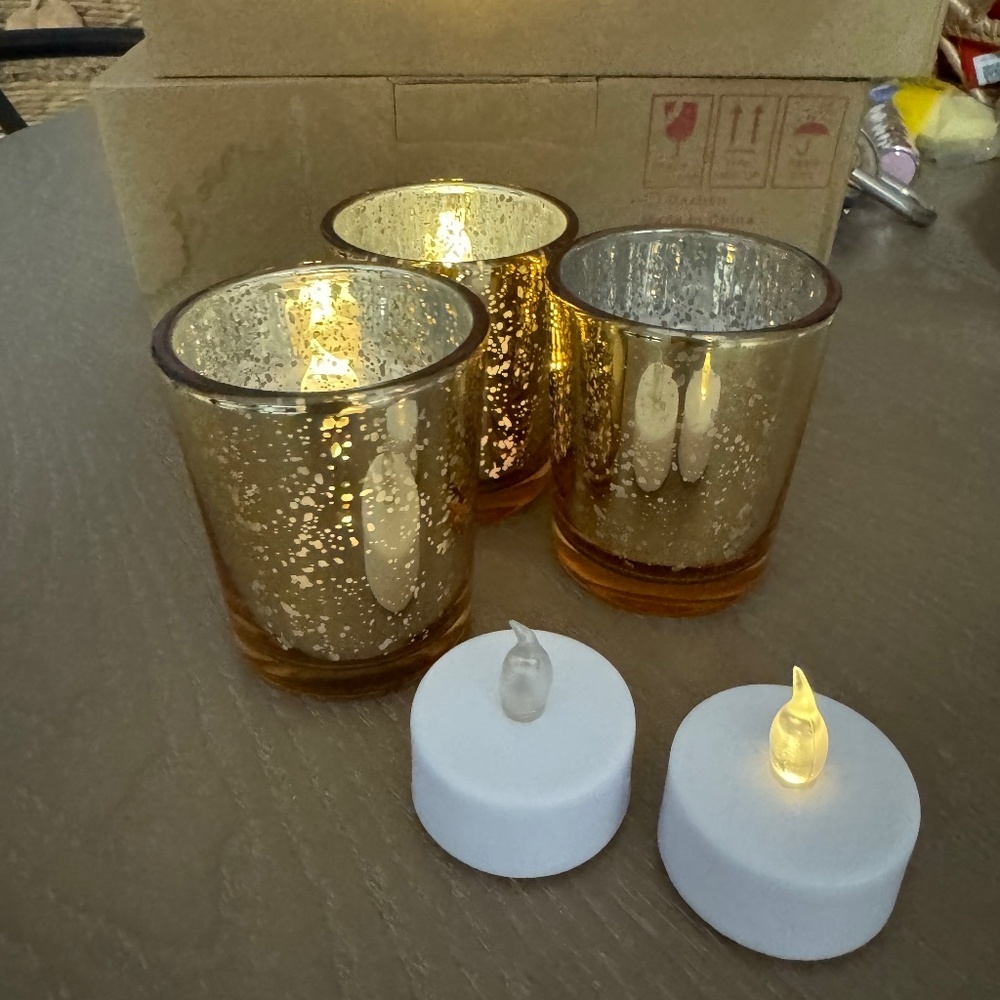 48 Gold Votive Candles with flameless tea lights